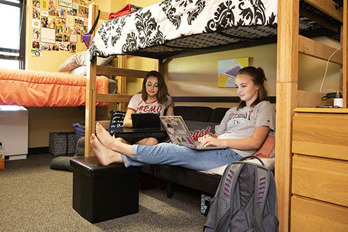 two young women in present day sitting in their dorm room with their laptops and studying