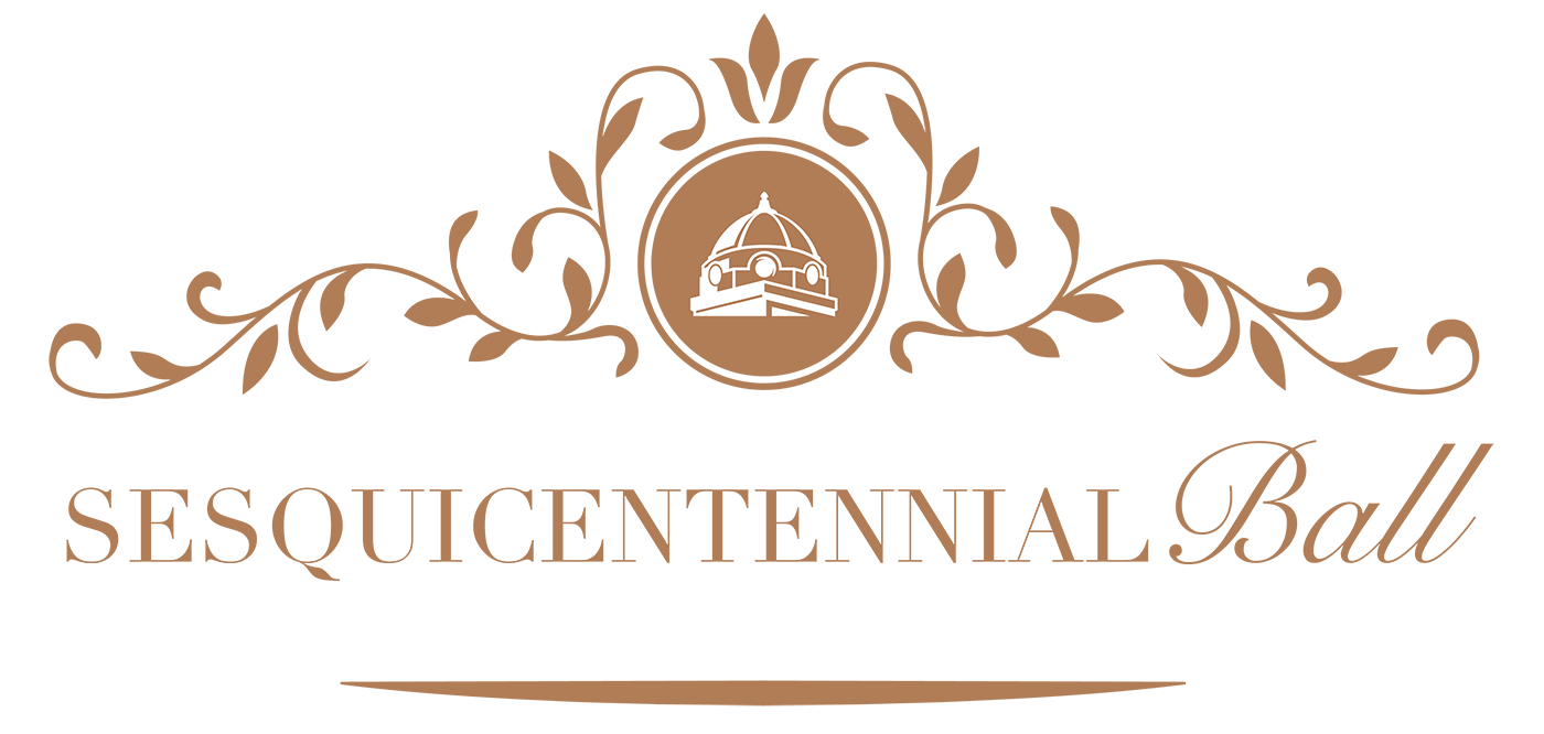 an ornate graphic with the Southest dome in a circle framed by vines and the words sesquicentennial ball beneath it