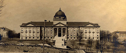 Historic black and white photo of Academic Hall.