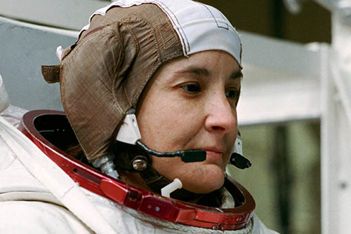 Linda Godwin wearing her space suit and headset