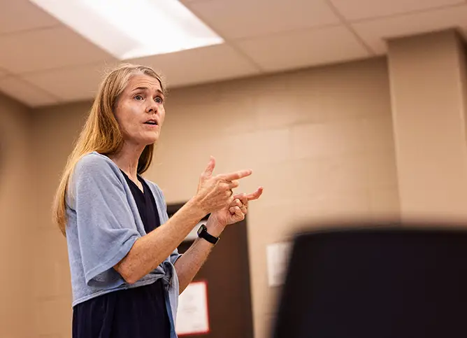 Dr. Dana Branson, associate professor in the Department of Criminal Justice, Social Work and Sociology teaching a class