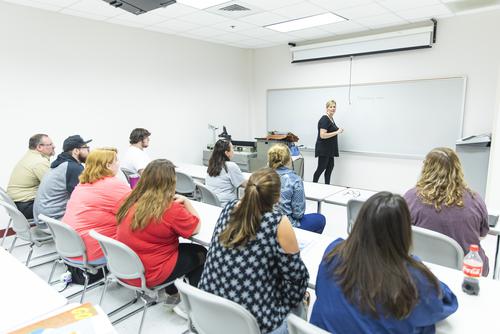 An instructor speaks in front of a classroom at the Sikeston campus.
