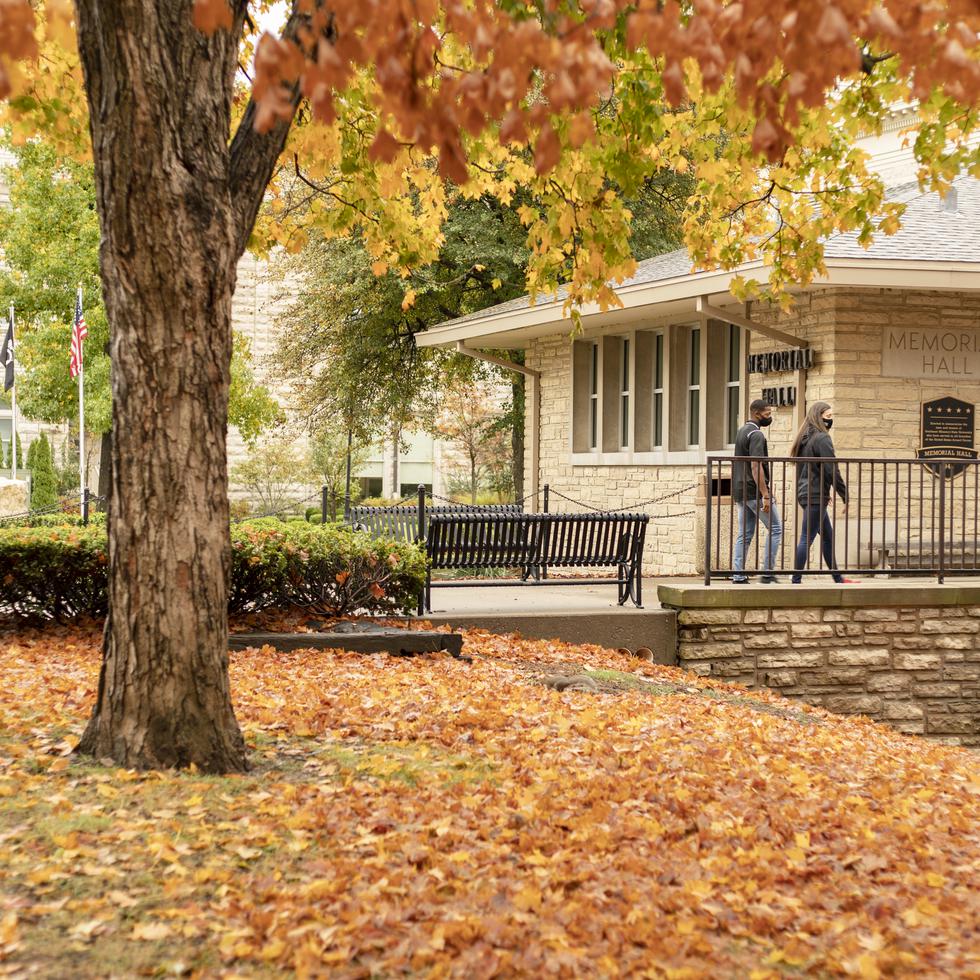Students walk near Memorial Hall near a tree with fall colors and leaves on the ground. 