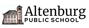 a logo for altenburg school. it features the name of the school and a sketchy building as the graphic element