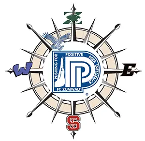 a logo that looks like a compass featuring the logos for four schools with a graphic in the center that says pushing for positive peer influence ft. zumwalt