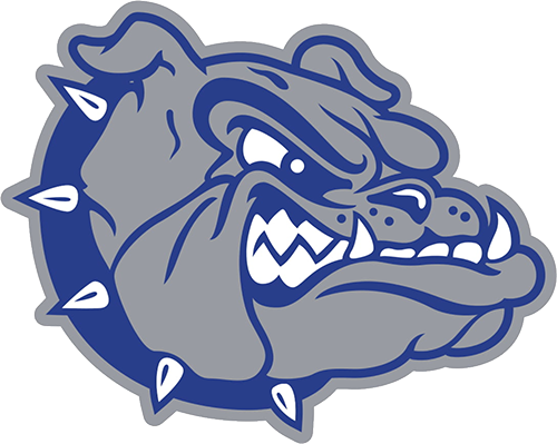 a blue and gray bulldog head, the logo for portageville school district