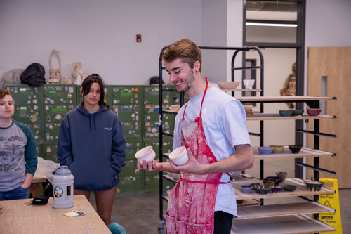A student shows off ceramics at Southeast Missouri State University on March 4, 2021, in Cape Girardeau, Missouri. 