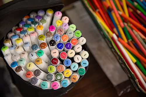 close up shot of set of colored pens and markers available to interior design students here at semo in cape girardeau mo.
