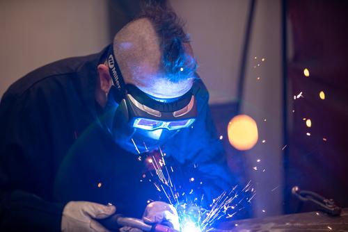 A sculpture student works with metal on March 4, 2021, at Southeast Missouri State University in Cape Girardeau, Missouri. 
