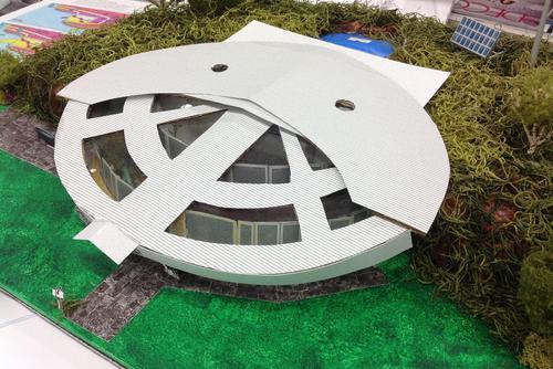 Interior design student work of a building model with a circular unique shape created while at Southeast Missouri State University.