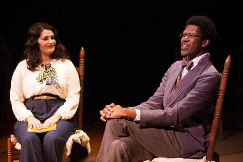 Two students pursuing their bfa in musical theatre act on stage in a production of “Our Town."  