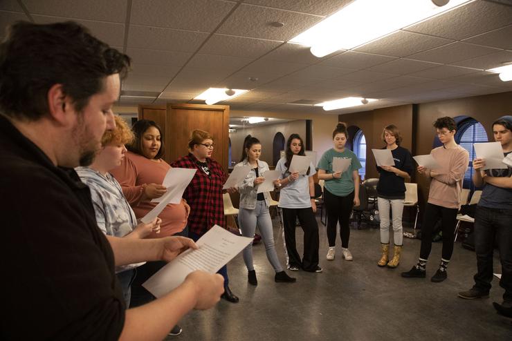 Students in the musical theatre program participate in a classroom exercise to prepare them for real world experience in an theatre auditioning class. 