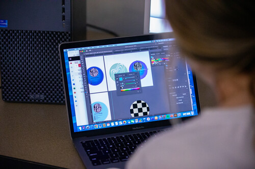 A digital art degree student creates logos at Southeast Missouri State University in Cape Girardeau, Missouri, near st louis 