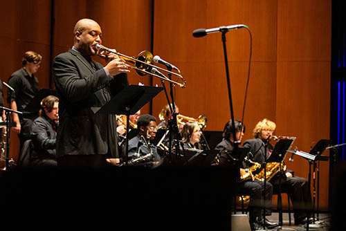 A SEMO Jazz student performs a solo on stage