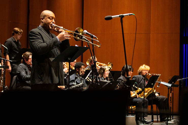 A SEMO Jazz student performs a solo on stage