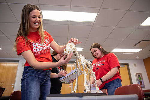 A pre vet program student waters a horse while working on their degree in pre-veterinary medicine. 