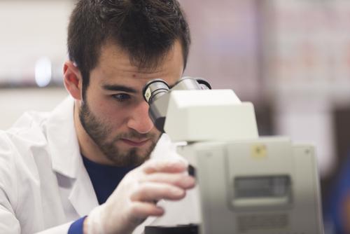 A microbiology student examines a specimen with a microscope in the biology lab.