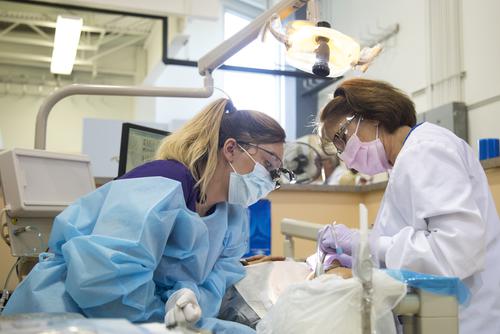 A pre-dental student observes her professor perform a procedure on a clinic patient.