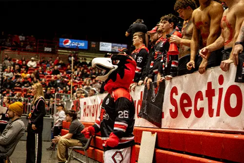 Students cheering on the SEMO Redhawks at a Basketball Game