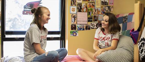 Sitting on a lofted bed in a dorm, roommates wearing SEMO gear, catch up on their day as they relax between classes.