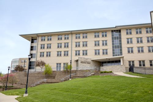 A frontal view of William A. and Christene Merick Residence Hall.