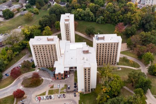 An aerial view of the Towers complex in early autumn.