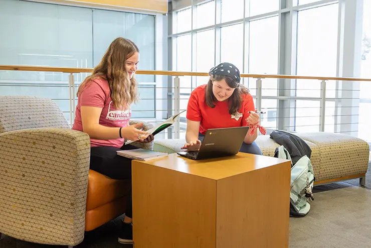 two students sit together in a common area and work on a laptop