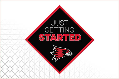 Graduation Cap Design that reads: "JUST GETTING STARTED", accompanied by the Redhawk logo below the text.