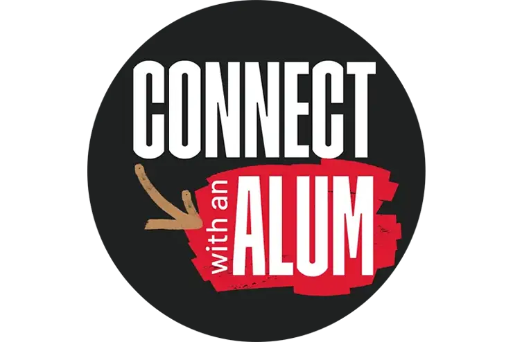 a button mock up featuring the words connect with an alum