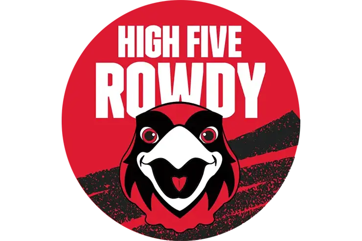 a rendering of a button featuring Rowdy the Redhawk's Face and the words "High Five Rowdy"