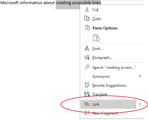 how to begin creating a link in Microsoft word