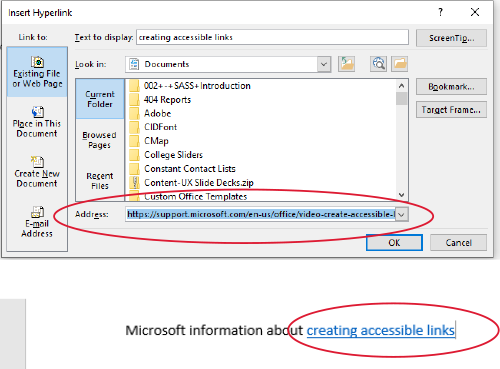 Selecting the link's destination in microsoft word