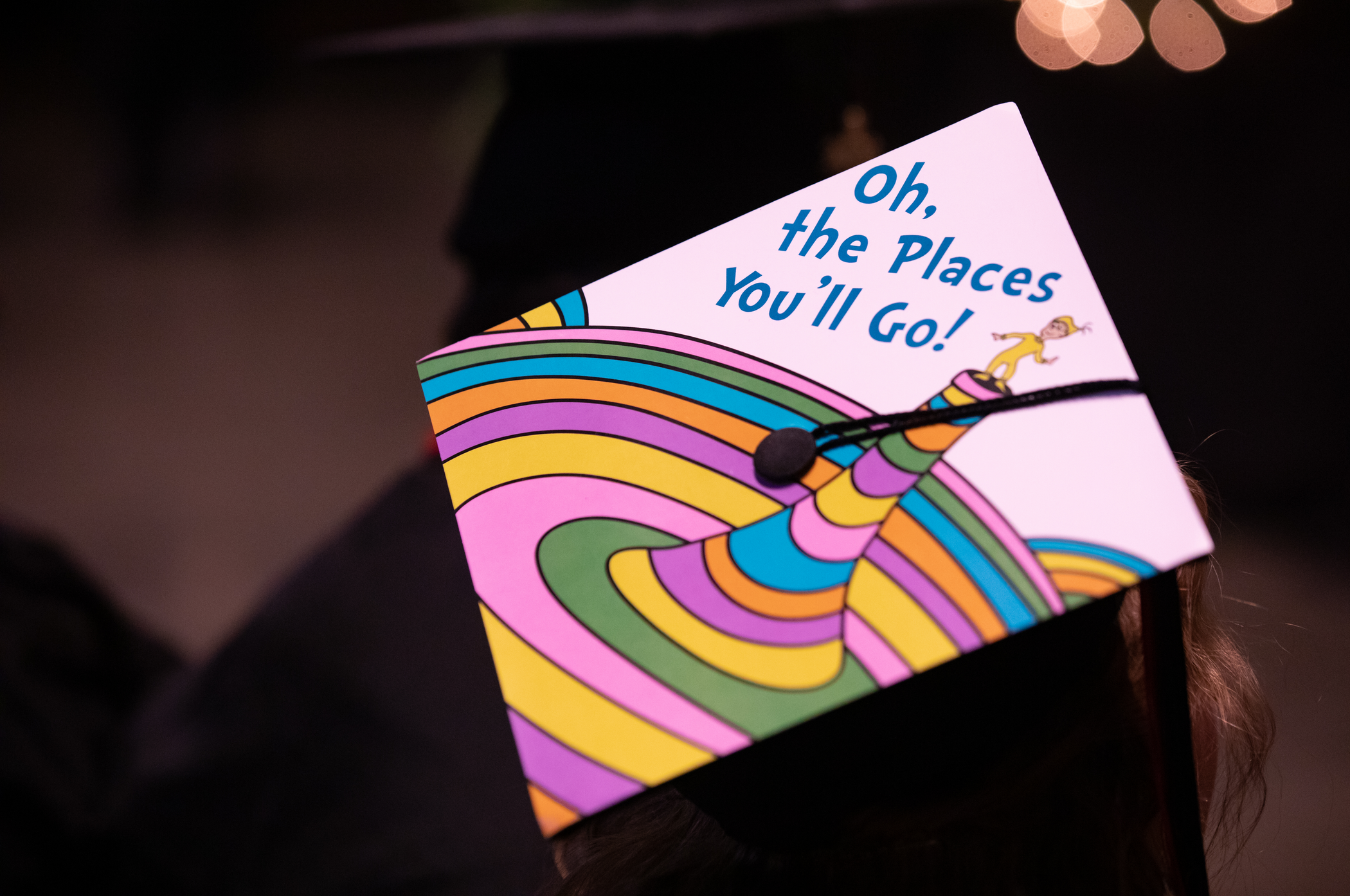 Dr. Suess themed graduation cap that says, "Oh, the places you'll go!"