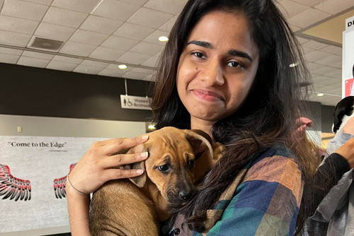 A student cuddles a brown puppy in the University Center.