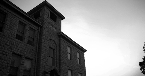 A black and white picture of the Art Building on campus.