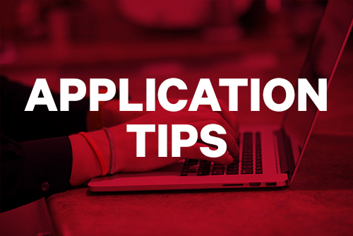 Application Tips; hands typing on a computer with a red overlay.