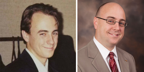 Two images of Bruce Skinner side by side. One is of him smiling from 1997 and the other is a photo from today of him smiling.