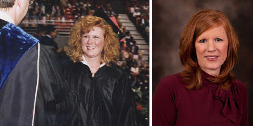 Two photos side by side. One of Dr. Michelle Brune in graduation regalia accepting her diploma is 1998. The other of her today smiling at the camera. 