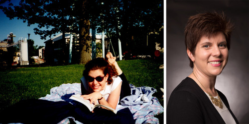Two photos side by side. One of Brooke Clubbs laying on a blanket in the grass reading a book from 1998. The other of her today smiling at the camera.