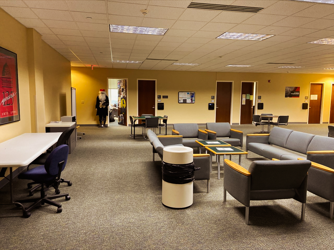 Tables and chairs in the second floor lounge in Dempster Hall at Southeast Missouri State University.