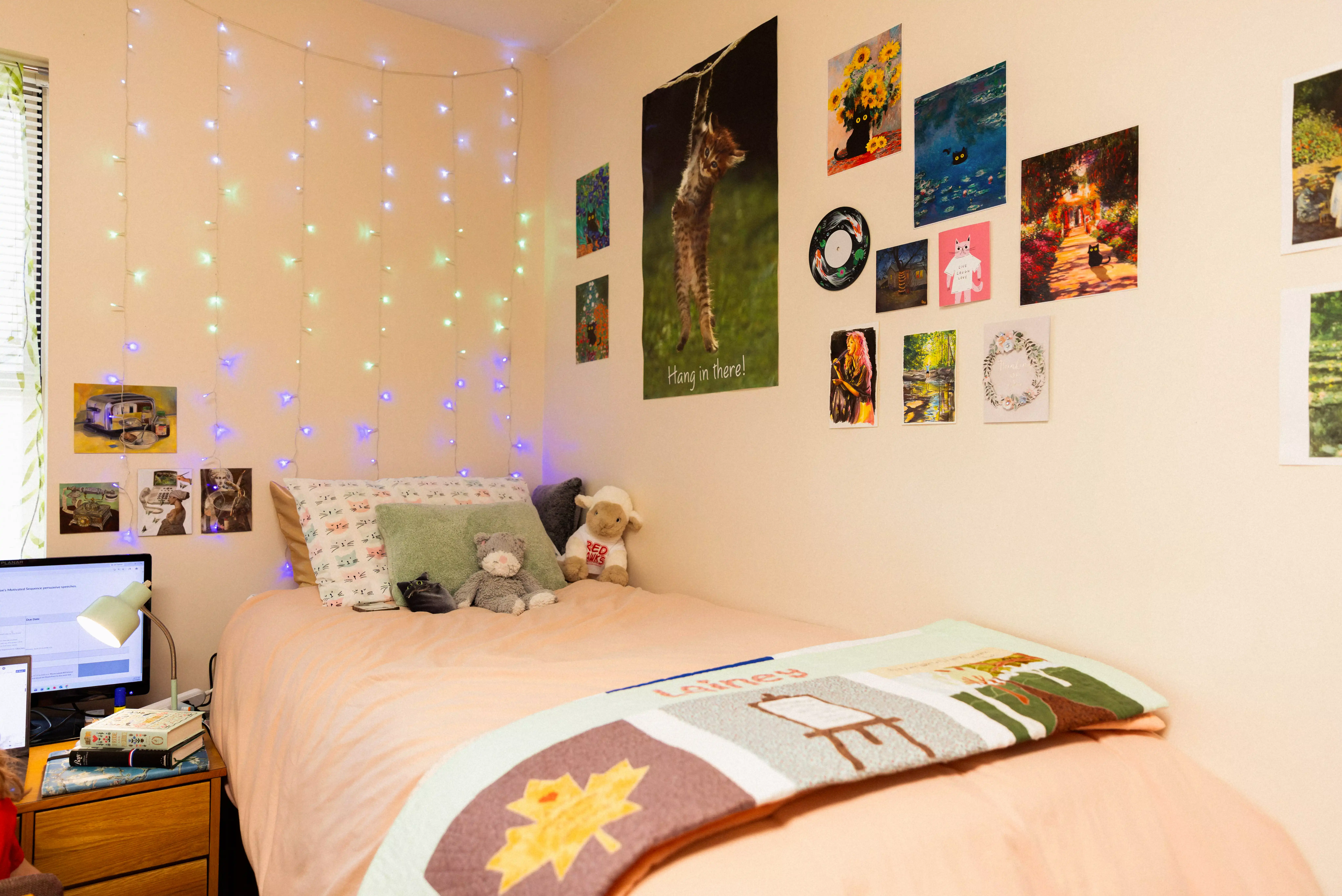 cute budget friendly dorm decor ideas with cat poster art and pink bedding