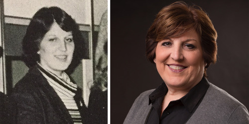 Two photos side by side. One of Sandy Hinkle in the 80's smiling at the camera. The other of her today smiling at the camera.