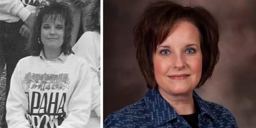 Two images side by side of Dr. Karie Hollerbach. One of her from 1989 smiling in a sweatshirt. The other of her today smiling at the camera.
