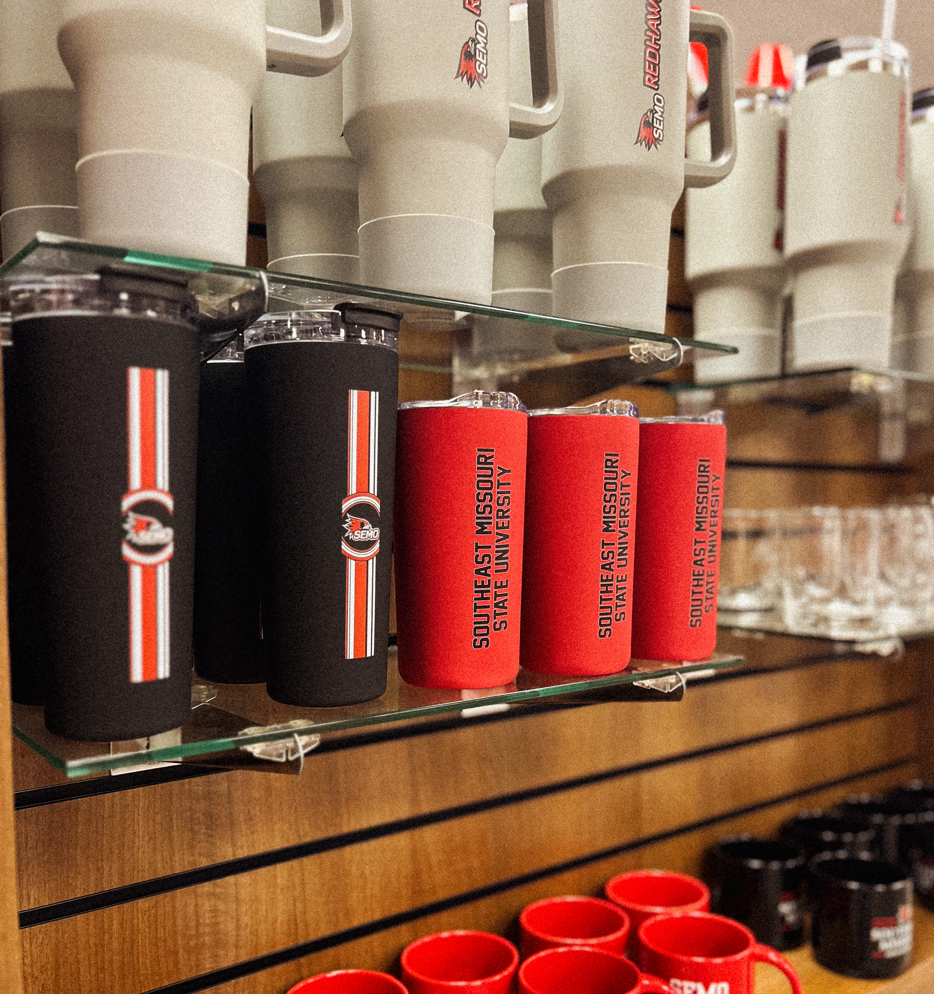 Southeast Missouri State University water bottles and mugs at the SEMO Bookstore.