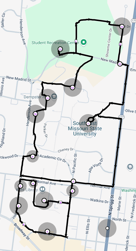 SEMO shuttle Green route for SEMO Main Campus