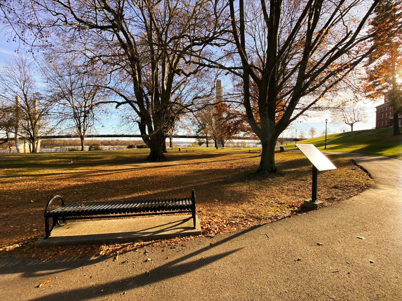 A park behind Southeast Missouri State University's River Campus that has trees, paved walking paths, and overlooks the river.