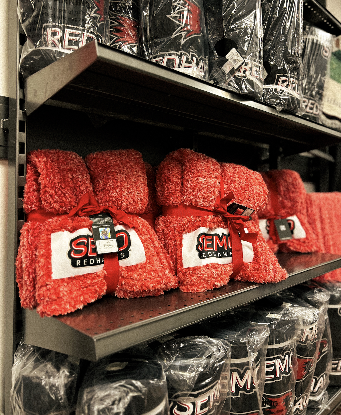 Redwak and SEMO blankets at the Southeast Missouri State University Bookstore.
