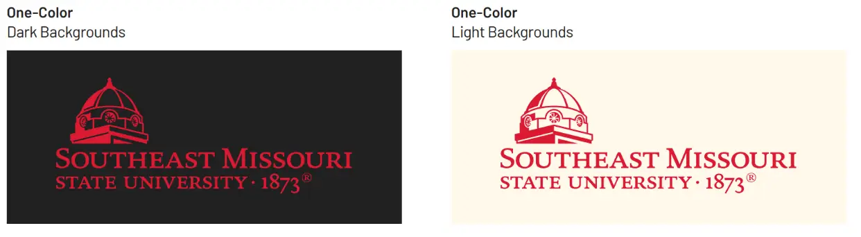 a visual example of using the one-color red Southeast Missouri State University logo on light and dark backgrounds