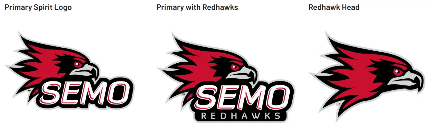 visual examples of the redhawk head spirit logo with and without the word SEMO
