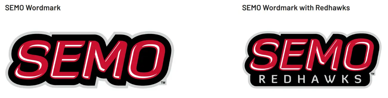 visual examples of the SEMO spirit logo wordmark without the redhawk head